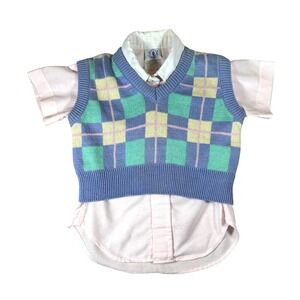 Vintage Kitestrings Baby 2pc Set Plaid Sweater Vest Button‎ Down Shirt Preppy